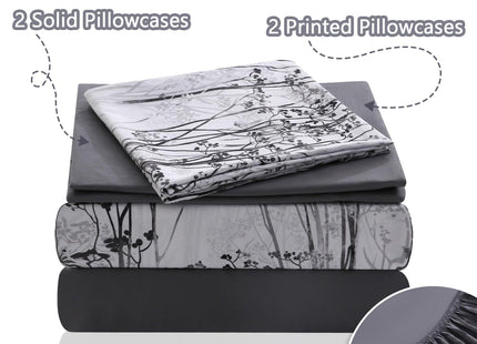LONAVA Botaincal King Size 6 Pcs Sheet Set, Breathable Microfiber Deep Pocket Deep Grey Fitted Sheets, Comfy & Breathable Patterned Flat Sheets,4 Gentle Soft Pillowcases, Winter Forest