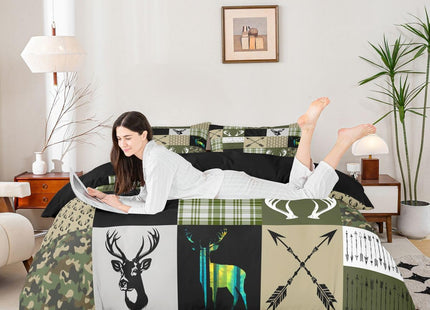 Erosebridal Woodland Animal Duvet Cover King, Deer Moose Wild Animals Comforter Cover, Checked Plaid Patchwork Bedding Set, Arrow Army Green Marble Texture Quilt Cover Western Farmhouse Decor
