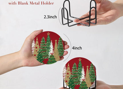 Nicegod Christmas Tree Drink Coasters Set of 6, Round Absorbent Ceramic Coaster, with Metal Holder and Cork Base, Pine Tree Xmas Red Coasters for Coffee Table Housewarming New Year's Gifts