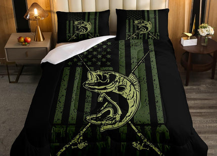 Camo American Flag Comforter Set Twin Army Green Camouflage Bedding Sets Pike Bass Fish Fishing Down Comforter for Kids Boys Men Room Decor Retro Rustic Farmhouse Style Quilt Duvet Sets 1 Pillow Case