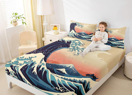 Great Wave Bed Sheets Japanese Ocean Wave Sheet Set, Mount Fuji Bed Sheet with Art Nature Home Decoration for Living Room Bedroom Dorm Decor Bedding Sheets & Pillowcases Japanese Style Top Sheet,Twin