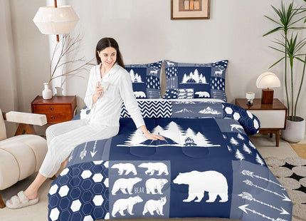 Erosebridal Camper Bedding Set Twin Rustic Farmhouse Camping Comforter Set,Bear Deer Woodland Animal Comforter for Kids Boys Girls,Patchwork Geometric Hexagon Arrow Decor Quilt Duvet Navy Blue 2 Pcs