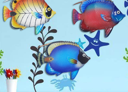 John's Studio Metal Fish Sea Wall Decor Outdoor Garden Hanging Art Sculptures Home Ocean Theme Decorations for Kitchen Bathroom and Pool - 3 PCS