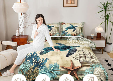 Erosebridal Turtle Bedding Teal Turtle Comforter Set Turquoise Ocean Themed Mediterranean Style Printed Design Ocean Turtle Down Comforter Quilted Duvet Set Full Size 1 Comforter 2 Pillowcases