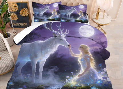 kxry Soft Easy Care Microfiber Bedding Sets Angel Girl and White Deer Forest Flower Comforter Set 2 Pieces of Moon Lightweight Quilt for Kids Teen Girls Twin Size