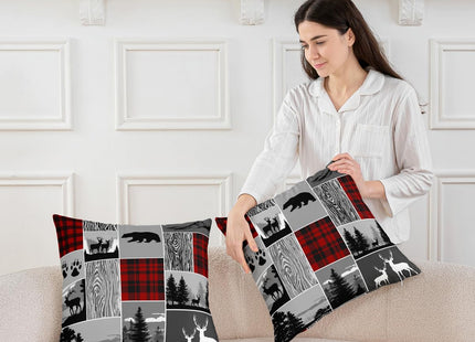 Rustic Deer Pillow Covers for Bed Sofa, Hunting Bear Moose Throw Pillow Covers 20x20 Pack of 2, Country Wild Animal Cushion Covers, Plaid Grid Patchwork Decorative Pillow Covers,Grey Red Black