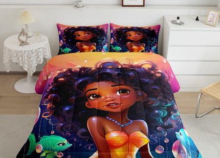 Erosebridal Afro-American Girl Twin Comforter Set for Little Girl,Afro Kid Princess Melanin Bedding Set,Ocean Fish Toddlers American Black Girls Quilt for Girls Bedroom
