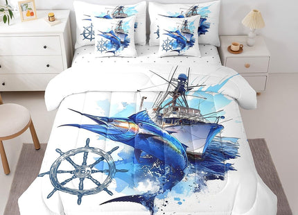 Feelyou Blue Big Pike Fishing Comforter Set with Sheets Summer Hunting and Fishing Ocean Themed 7 Piece Bedding Set Kids Boys Sailboat Compass Bass Big Fish Bed in a Bag Independence Day Queen Size