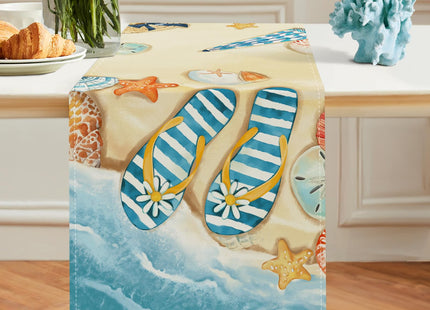 Bonhause Summer Beach Flip Flops Table Runner 13x72 Inch Starfish Shell Seaside Themed Kitchen Dinning Table Decoration for Indoor Outdoor Home Party Decor