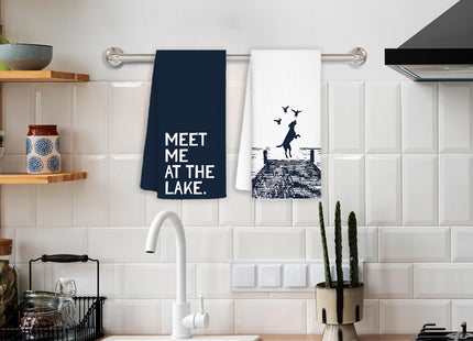 AQYIP Lake Lover Gifts Kitchen Towels, Navy Blue Coastal Beach Dish Tea Towels for Kitchen, Lake Life House Gifts for Women Decorative Hand Towels for Bathroom, 16x24 Inch Set of 2