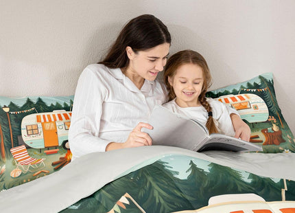 Erosebridal Cute Camper Car Full Comforter Set Rv Camping Bedding Set Woodland Camper Decor Comforter for Kids Boys Girls Floral Campfire Quilt Duvet