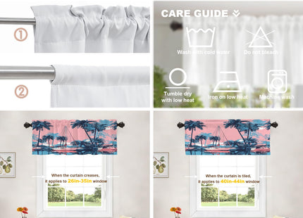 Shrahala Beach Getaway Seaside Ity Blackout Short Curtains for Windows, Nautical Charm Palm Lined Shore Kitchen Valance Thermal Insulated Rod Pocket Window Treatment for Bathroom 2 Pack 52 X 16 in