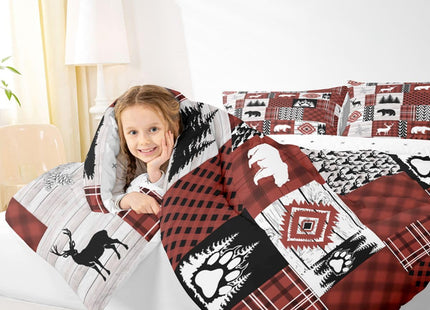Feelyou Bear Bedding Set Soft for Boys Girls, Cute Deer Comforter Set Toddler Size Western Country Duvet Quilt Microfiber Rustic Cabin Bedroom 2 Pcs with 1 Pillow Cases