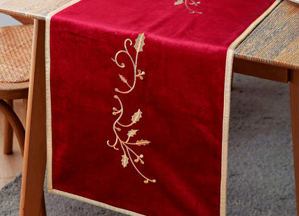 MelonBoat Red Velvet Table Runner with Gold Embroidered Holly Leaf, Luxury Christmas Table Runner for Home Party Decor