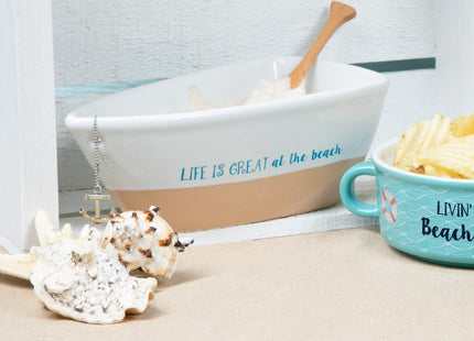 Pavilion - Life Is Great At The Beach - 12 Oz Stoneware Boat Dish Server With Wooden Oar Scoop