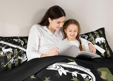 Erosebridal Hunting Duck Bear Deer Comforter Set Fishing Bass Fish Bedding Set Queen for Boys Men Green Camo American Flag Down Comforter Camouflage Hunt Flag Quilt Duvet Insert with 2 Pillow Cases