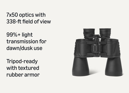 Amazon Basics 7x50 High Power Binoculars for Adults, Wide Field of View, FMC Optics, Tripod Compatible, BAK-4 Prism, Rubber Armor, Black