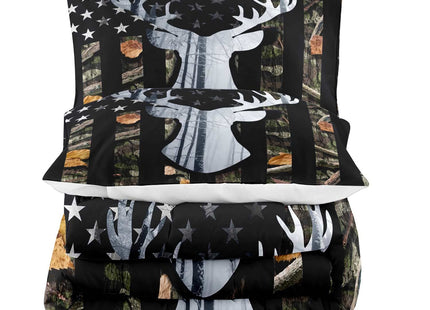 LUVIVIHOME 3PCS Deer Hunting Comforter Set Queen Size, Camo Bed Set Patriotic Black American Flag Bedding, Forest Animal Wildlife Country Lodge Rustic Farmhouse Cabin Camouflage Quilt, 2 Pillow Shams
