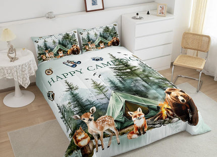 Erosebridal RV Camper Queen Comforter Set,Happy Camping Rustic Bedding Set for Kids Adults Bedroom Decor,Cabin Bear Deer Fox Bed Set Country Farmhouse Bed Comforter Sets,2 Pillowcases