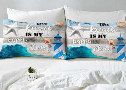 Blue Sea Wave Bedding Set Coastal Ocean Beach Fitted Sheet Twin for Girls Boys Kids,Lighthouse Gray Vintage Wooden Planks Bed Sheets,Marine Theme Under The Sea Shells Conch Starfish Sheets