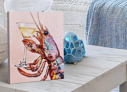 Cute Lobster Martini Wall Art Print - Abstract Pink Lobster Wall Decor for Home Beach House Bedroom Living Room 8x10 Inch Framed