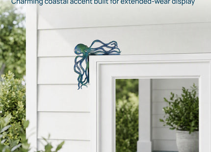 Octopus Wall Decor, Flat Metal Door Frame Art, Aqua Blue, 9.4 x 9.13 in