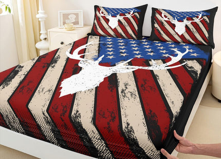 American Flag Retro Sheet Full Size,Deer Antlers Animal Bedding Set,Boys Adults Xmas/Bedroom Decor,Red Blue Stars Striped Rustic Hunting Farmhouse Bed Sheet Set 4pcs(Fitted + Flat + 2 Pillowcases)