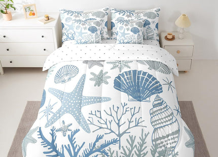 Erosebridal Nautical Coastal Bed in a Bag Queen Comforter Set 7 Piece,Blue Ocean Beach Bedding Set Seashell Starfish Sheet Sets with Comforter Conch Shell Coral Bed Set,Plain White Blue Room Decor