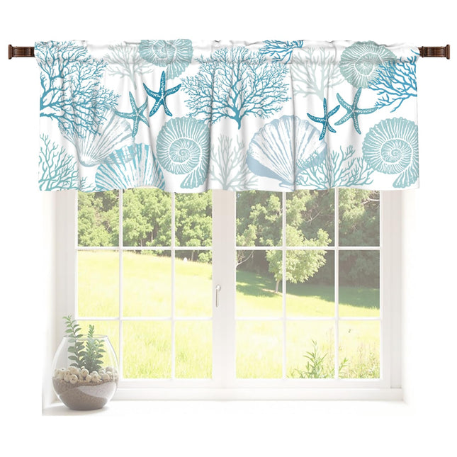 Wnoesat Coastal Valance for Windows Summer Starfish Coral Print Nautical Beach Kitchen Valance Teal Blue Rod Pocket Window Treatment for Coastal Living Room Bedroom Home Decor 54x18 Inch