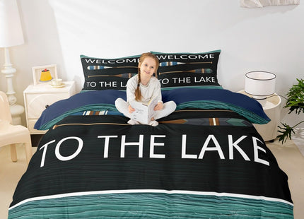 Lake Theme Duvet Cover Queen Size,Lake Paddles Comforter Cover with 2 Pillowcase for Teens Adults,Kids Rustic Wooden Barn Bedding Set,Navy and Green Breathable 3 Pcs Decorative Bed Cover(No Comforter)