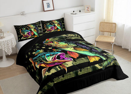 Bass Fish Camouflage Comforter Set Queen Pike Fish Camo Bedding Set for Women Men Room Kids Farmhouse Fishing Decor Comforter Fishman Wild Quilt Set Down Comforter Green Black