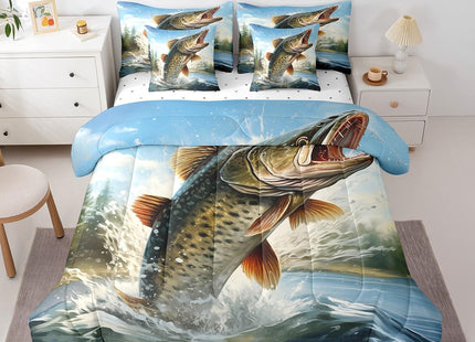 Feelyou Big Pike Fish Comforter Set with Sheets Hunting and Fishing Themed 7 Piece Bedding Set for Kids Boys Girls Underwater Animals Bed in a Bag Soft Bedding Comforters Full Size
