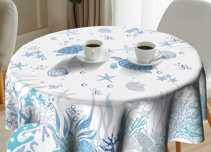Imiss Sea Turtle Beach Round Tablecloth 60 Inch Nautical Themed Coral Starfish Seashell Table Cloth Washable Polyester Reusable Table Cover for Dining Party Picnic Holiday