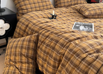 CCoutueChen Brown Gingham Comforter Set Full Size, Tan Plaid Checked Bedding Set, Cabin Lodge Ultra Soft Lightweight Comforter, 3 Pieces, 79 * 90