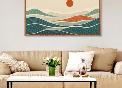 CHDITB Long Coastal Framed Wall Art, Minimalist Coastal Horizontal Wall Decor, Abstract Waves Line Artwork Ocean Sea Painting, Modern Beach Above Bed Art Prints for Nautical Theme Bedroom 40"x20"x1