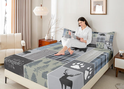 Rustic Patchwork Fitted Sheet, Checkered Buffalo Plaid Bedding Set for Kids Teens Adult, Woodland Wildlife Bear Moose Elk Pine Trees Pattern Printed Bed Sheets Farmhouse Decorations, Twin Size