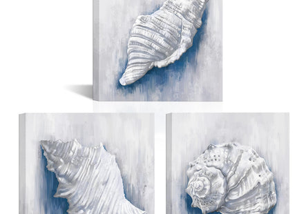 LevvArts Seashells Canvas Wall Art Ocean Conch Shell Pictures Painting Modern Coastal Nautical Artwork Blue and Grey Bathroom Decor (Blue)