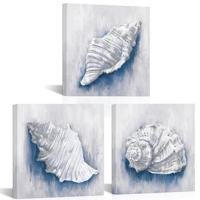 LevvArts Seashells Canvas Wall Art Ocean Conch Shell Pictures Painting Modern Coastal Nautical Artwork Blue and Grey Bathroom Decor (Blue)