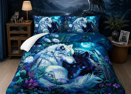 Nttopship Wolf Print Comforter Set King Size,White and Black Wolf in Flowers Bedding Set, Night Sky Forest Animals Printed Quilted Set for Girls Boys Adult,with 1 Comforter and 2 Pillow Case