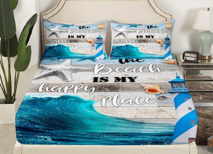 Blue Sea Wave Bedding Set Coastal Ocean Beach Fitted Sheet Twin for Girls Boys Kids,Lighthouse Gray Vintage Wooden Planks Bed Sheets,Marine Theme Under The Sea Shells Conch Starfish Sheets