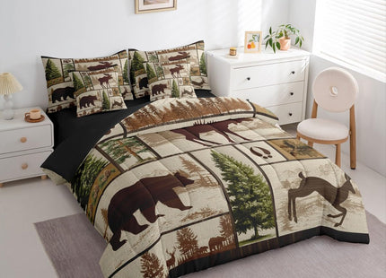 Erosebridal Rustic Bear Deer Cabin Bedding Set Queen Size,Kids Boys Western Country Farmhouse Comforter Set with Sheets 7 Pieces Camo Forest Lodge Bed in a Bag,Wildlife Animal Patchwork Bed Sets
