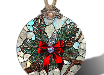 Christmas Pinecone Bow Stained Glass Window Hanging Suncatcher Gifts 3.2"