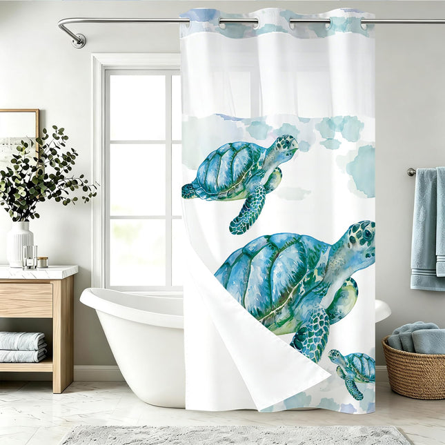 Final Friday Beach Nautical Sea Turtle Theme No Hook Waffle Weave Shower Curtain with Snap in Liner Nautical Beach Bathroom Blue Ocean Decor Set 36 W x 74 H Inch Teal