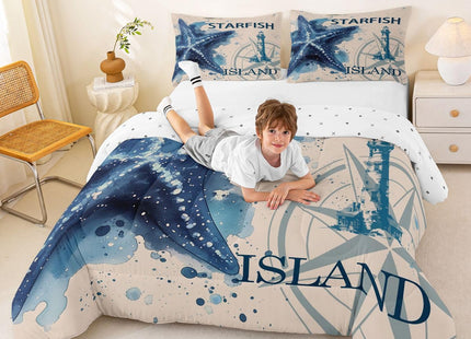 Feelyou Kids Starfish Beach Comforter Set Coastal Beach Ocean Bedding Set for Boys Teens Decor Teal Blue Comforter Ocean Marine Duvet Set Bedroom 3Pcs with 2 Pillow Case King Size