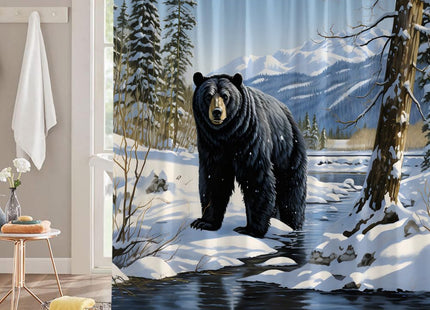 ZKJSMGS Winter Shower Curtain Black Bear Snow Mountain Forest Tree Lake Wildlife Cabin Nature Scenery Blue Bathroom Home Curtain Decor with Hooks,70" Wx70 H