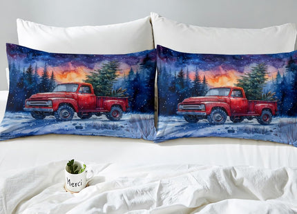 Red Truck Kids Duvet Cover Set Queen Size,Christmas Tree Snowflake Bedding Set Teens Boys Girls Room Decor,Woodland Comforter Cover 3Pcs,Merry Christmas Bedspreads Cover,2 Pillowcases(NO Comforter)