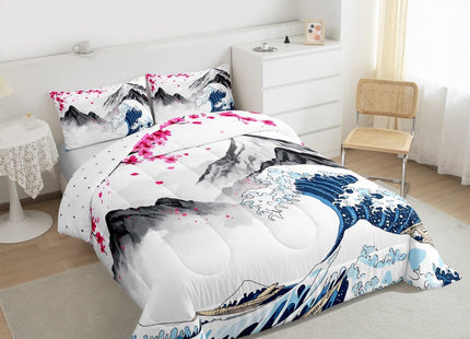 Erosebridal Japanese Style Bedding Set Pink Cherry Blossom Comforter Set Queen,Ocean Wave Duvet Insert Fuji Mountain Quilt Set,Japanese Ukiyoe Theme Quilted Comforter 3Pcs with 2 Pillowcases Soft Cozy