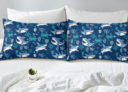Cartoon Shark Fitted Sheet Twin for Kids Boys Girls, Ocean Blue Nautical Sea Animals Bed Set