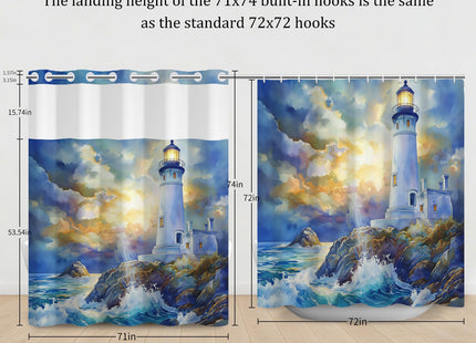 Hook-free Watercolor Sunset Lighthouse Ocean Wave Seascape Shower Curtain