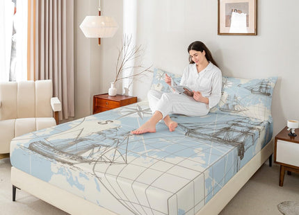 Erosebridal Nautical Fitted Sheet, World Map Bottom Sheet for Kids Boys Girls Teens, Sailing Boat Yacht Retro Compass Bedding Set Soft Mattress Twin
